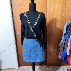 Black wrap long sleeve blouse, size M with embroidered V-neck line 100% cotton